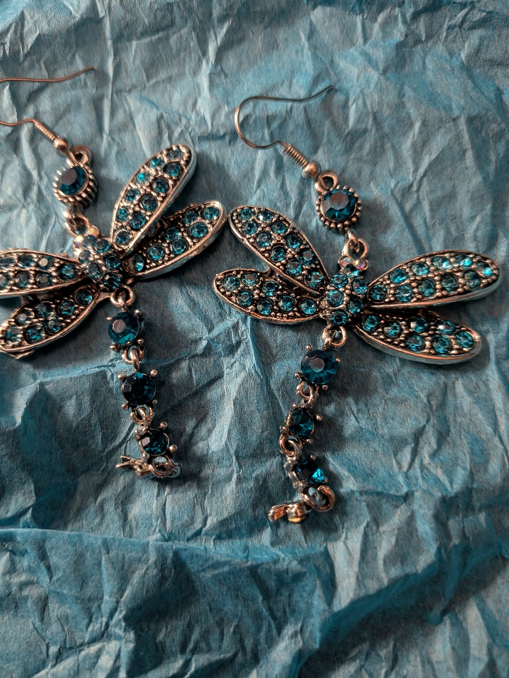 Teal Crystal Dragonfly Drop Earrings for Women - Picture 2 of 2